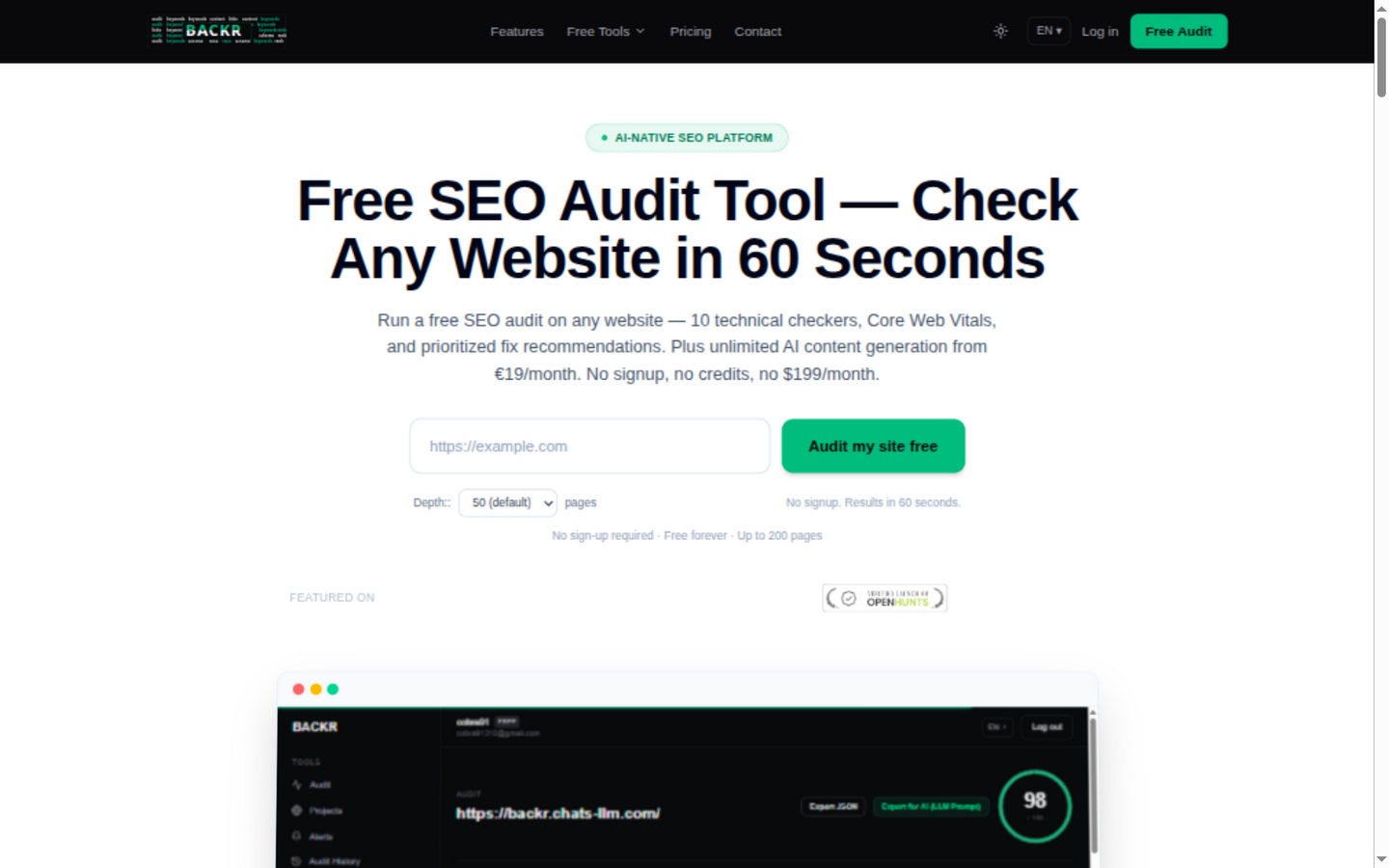 BACKR free SEO tools grid