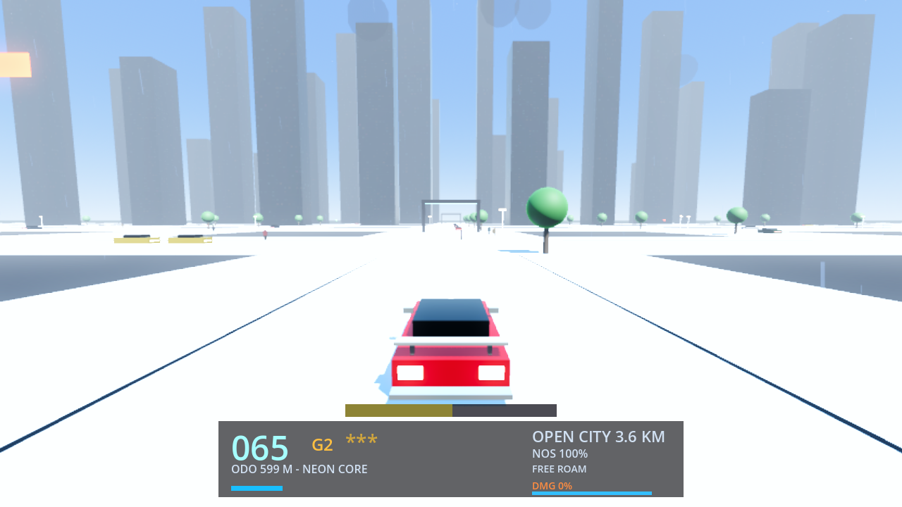 Daylight drive on the city outskirts — sidewalks, trees, mid-rise blocks