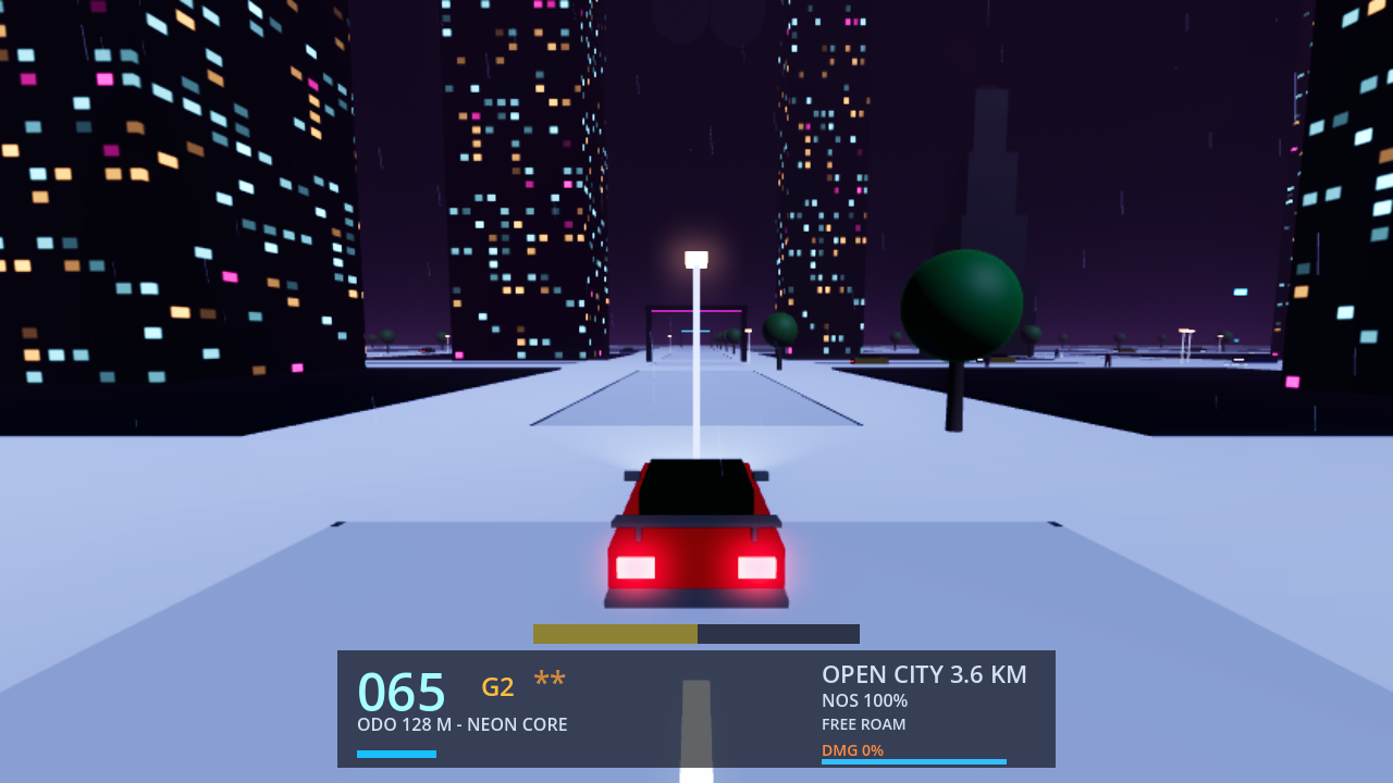 Night drive through the Neon Core district — emissive signs, wet asphalt, glowing traffic