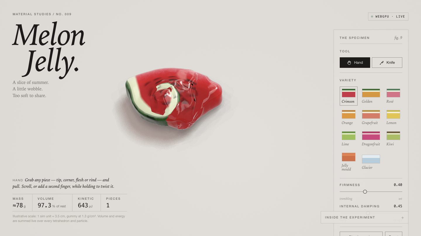 The cloned Melon Jelly Knife rendered live under hardware WebGPU: glossy crimson wedge with rind, seeds and LIVE badge