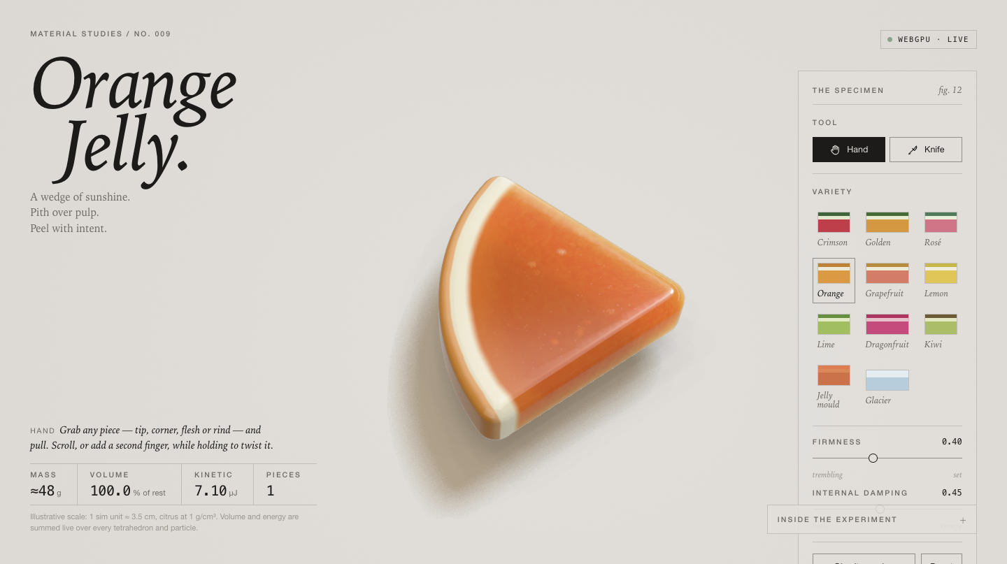 Orange Jelly rendered live under hardware WebGPU: translucent wedge with pith band, fig. 12, citrus density footnote