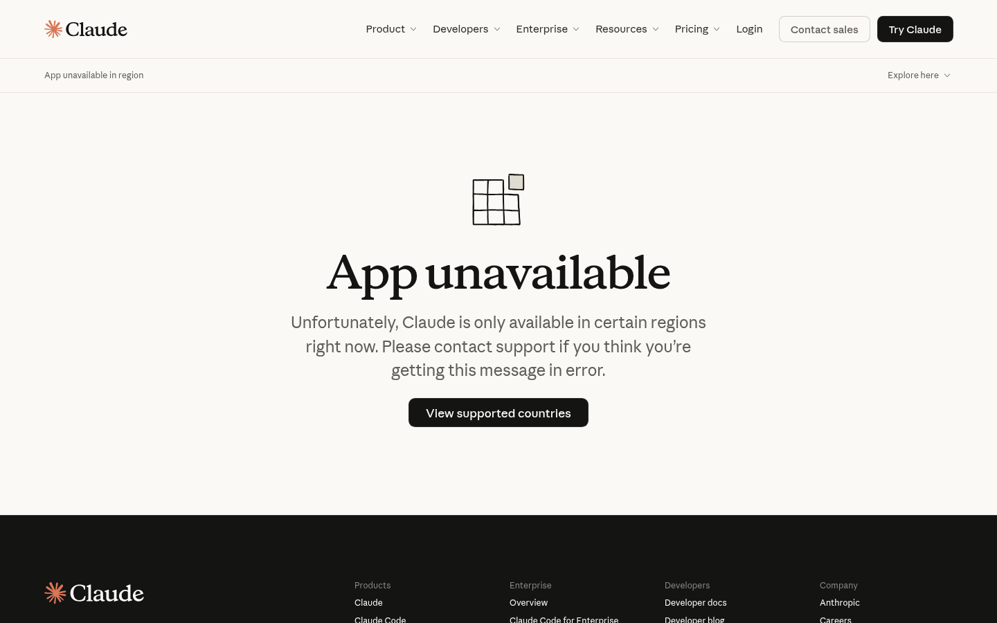 claude.ai region-block page: App unavailable in region