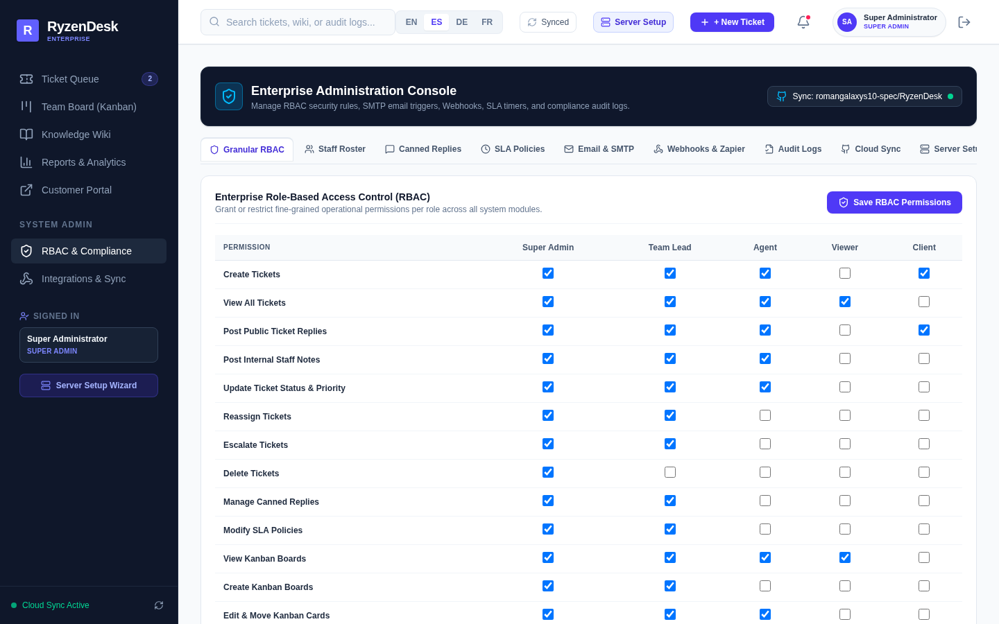 RyzenDesk Admin Settings & Security Configuration