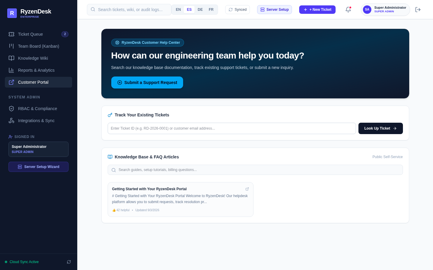 RyzenDesk Portal Home & Ticket Submission