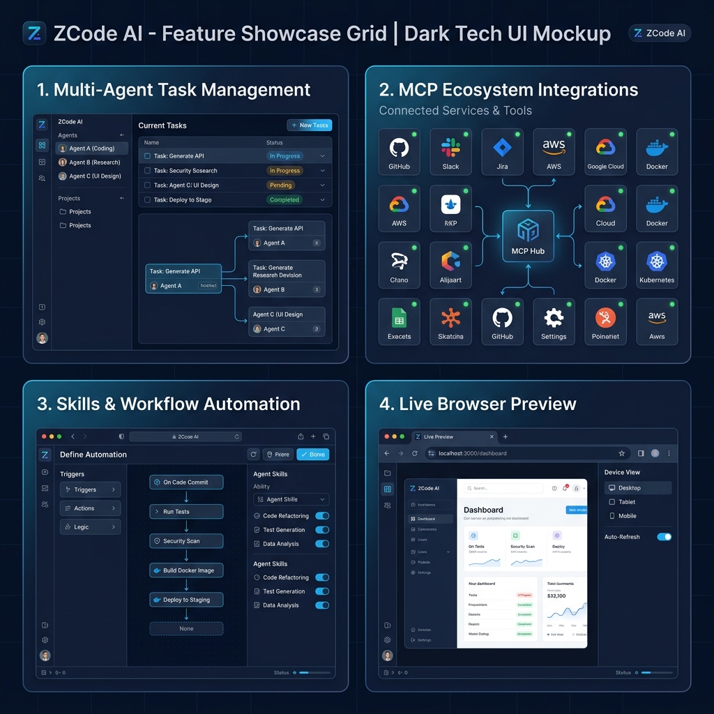 ZCode feature grid: multi-agent tasks, MCP ecosystem, Skills automation, live preview