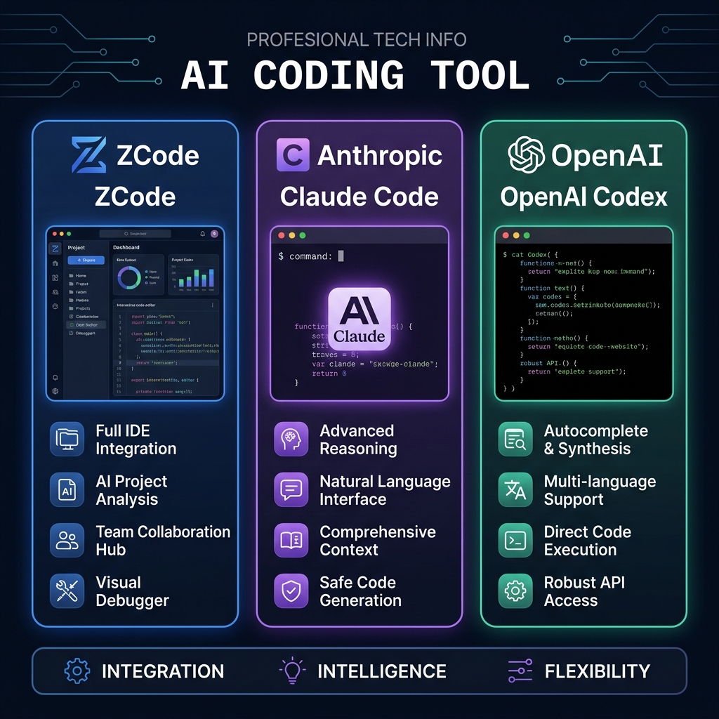 ZCode vs Claude Code vs Codex — feature comparison visual